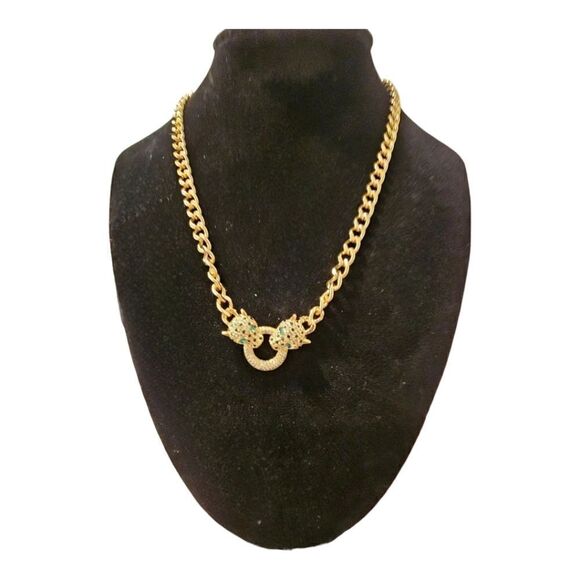 18k Gold Filled Classic Leopard Green Eye Black Cubic Zirconia Necklace - Picture 1 of 13